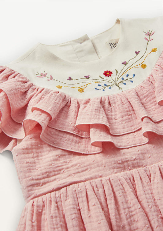 Embroidered Yoke And Frills Dress