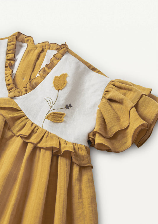 Embroidered Yoke And Appliqué Ochre Dress