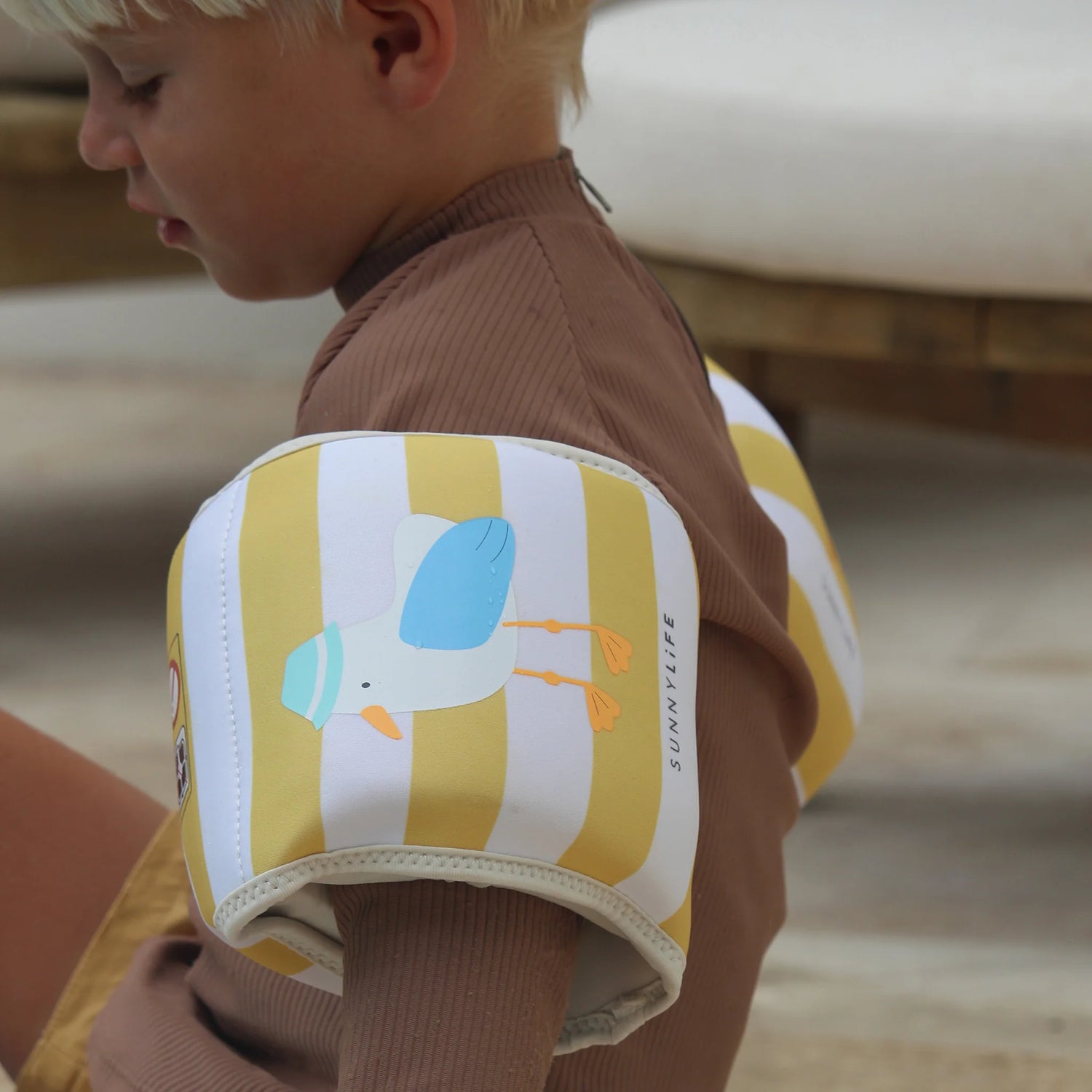 Kids Neoprene Arm Bands Sid the Seagull Mustard Stripe