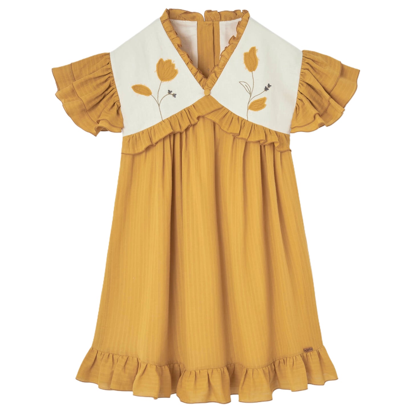 Embroidered Yoke And Appliqué Ochre Dress