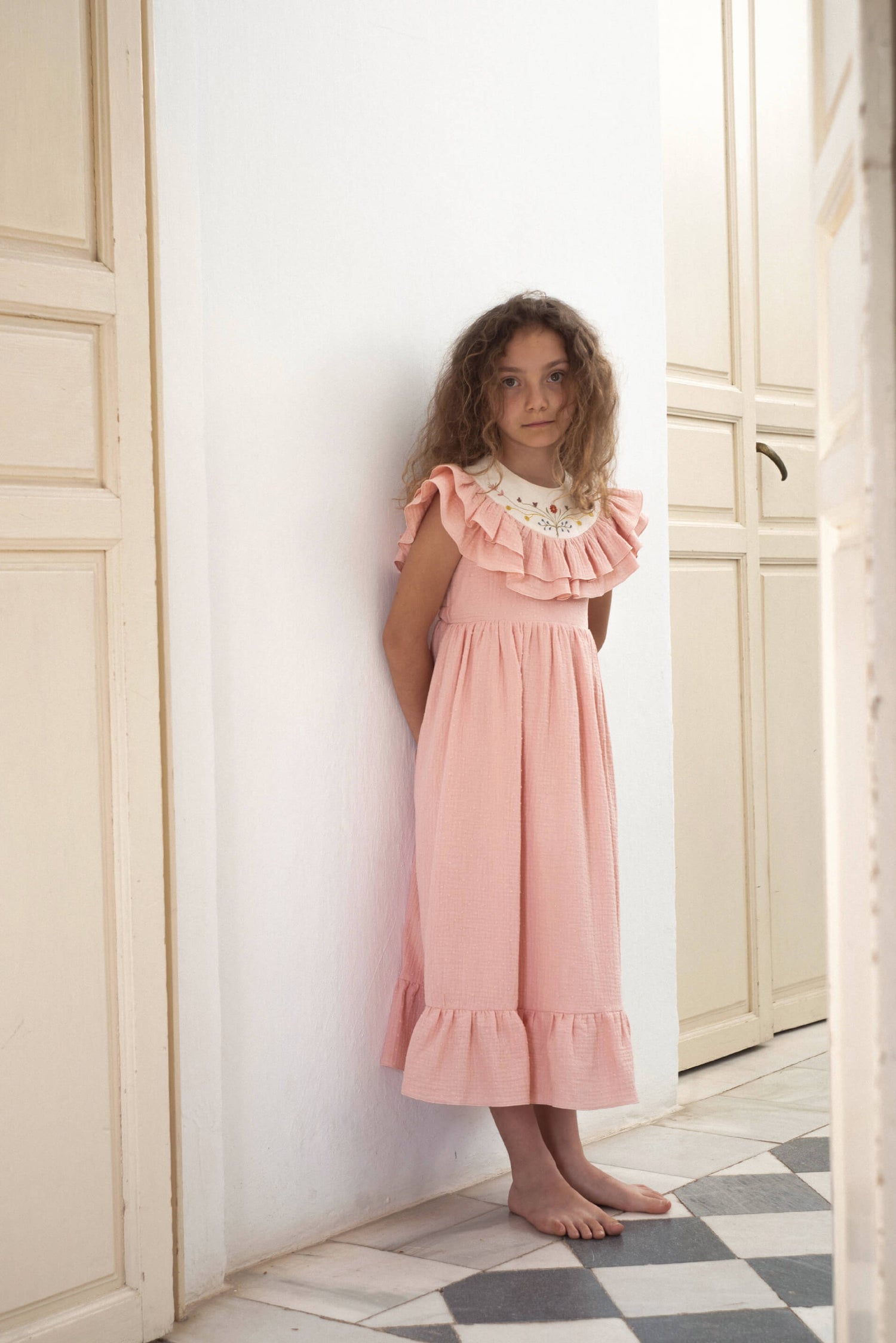 Embroidered Yoke And Frills Dress